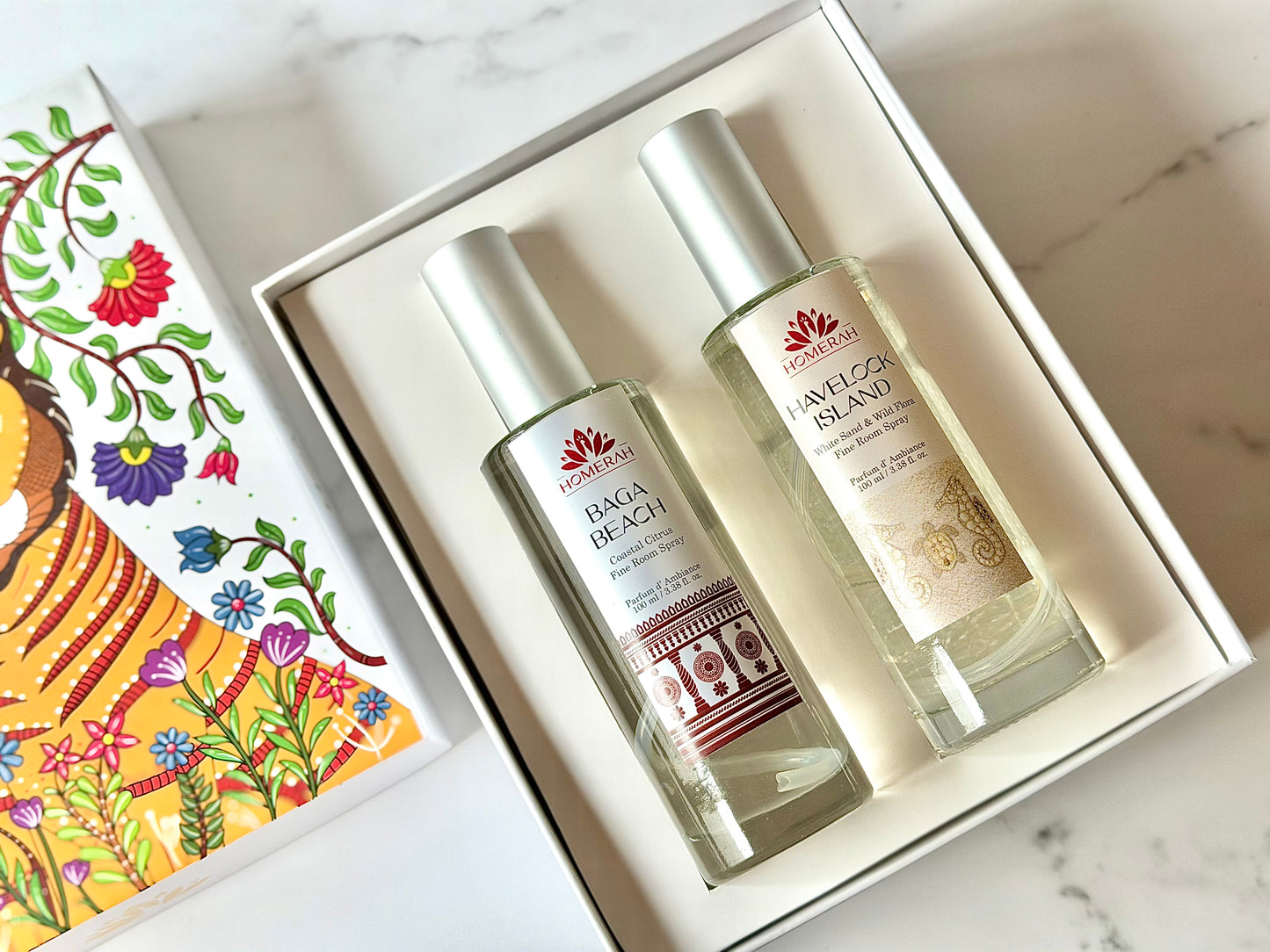 Homerah Coastal Treasure Collection In Gond Tiger Gift Box - Set of 2 Fine Room Parfums - BAGA BEACH (Costal Citrus) x1, HAVELOCK ISLAND (White Sand & Wild Flora) x1