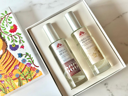 Homerah Coastal Treasure Collection In Gond Tiger Gift Box - Set of 2 Fine Room Parfums - BAGA BEACH (Costal Citrus) x1, HAVELOCK ISLAND (White Sand & Wild Flora) x1