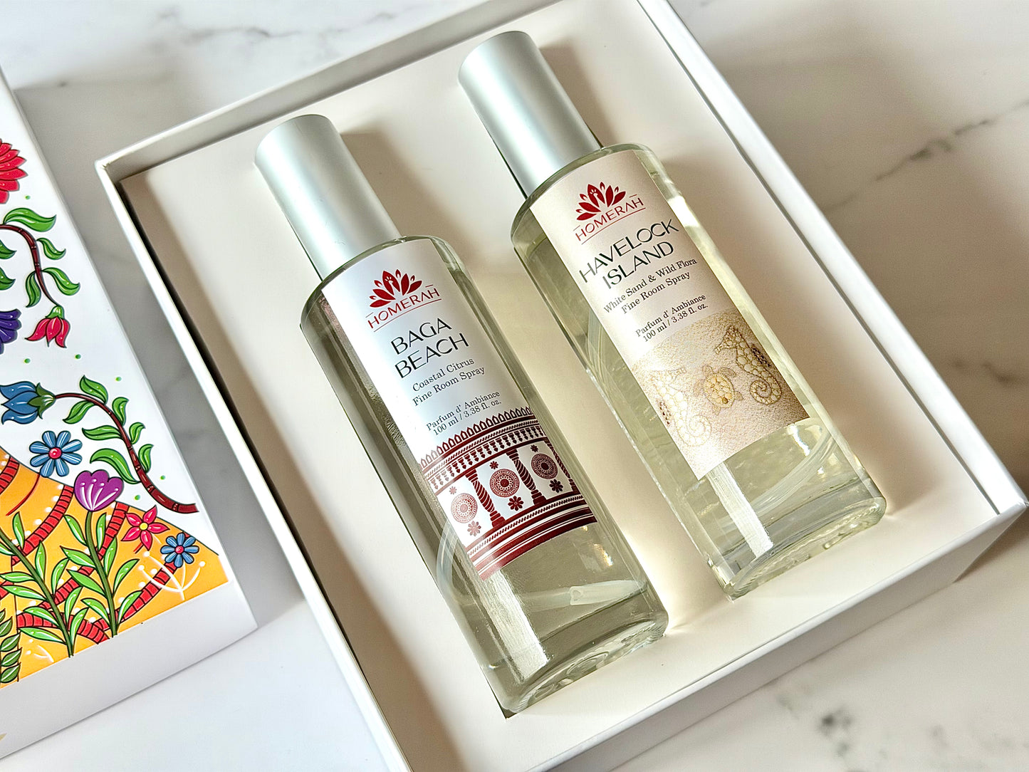 Homerah Coastal Treasure Collection In Gond Tiger Gift Box - Set of 2 Fine Room Parfums - BAGA BEACH (Costal Citrus) x1, HAVELOCK ISLAND (White Sand & Wild Flora) x1