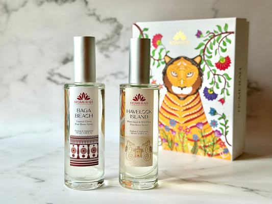 Homerah Coastal Treasure Collection In Gond Tiger Gift Box - Set of 2 Fine Room Parfums - BAGA BEACH (Costal Citrus) x1, HAVELOCK ISLAND (White Sand & Wild Flora) x1