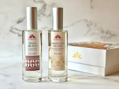 Homerah Coastal Treasure Collection In Gond Tiger Gift Box - Set of 2 Fine Room Parfums - BAGA BEACH (Costal Citrus) x1, HAVELOCK ISLAND (White Sand & Wild Flora) x1