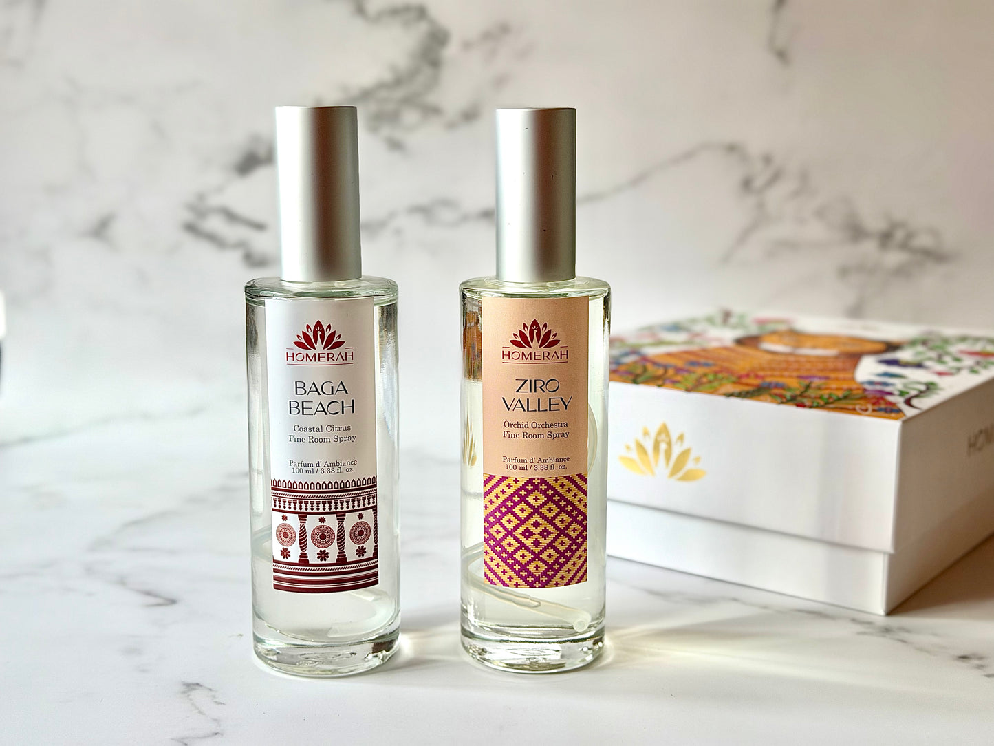 Homerah Weekend Getaway Collection In Gond Tiger Gift Box - Set of 2 Fine Room Parfums - BAGA BEACH (Coastal Citrus) x1, ZIRO VALLEY (Orchid Orchestra) x1