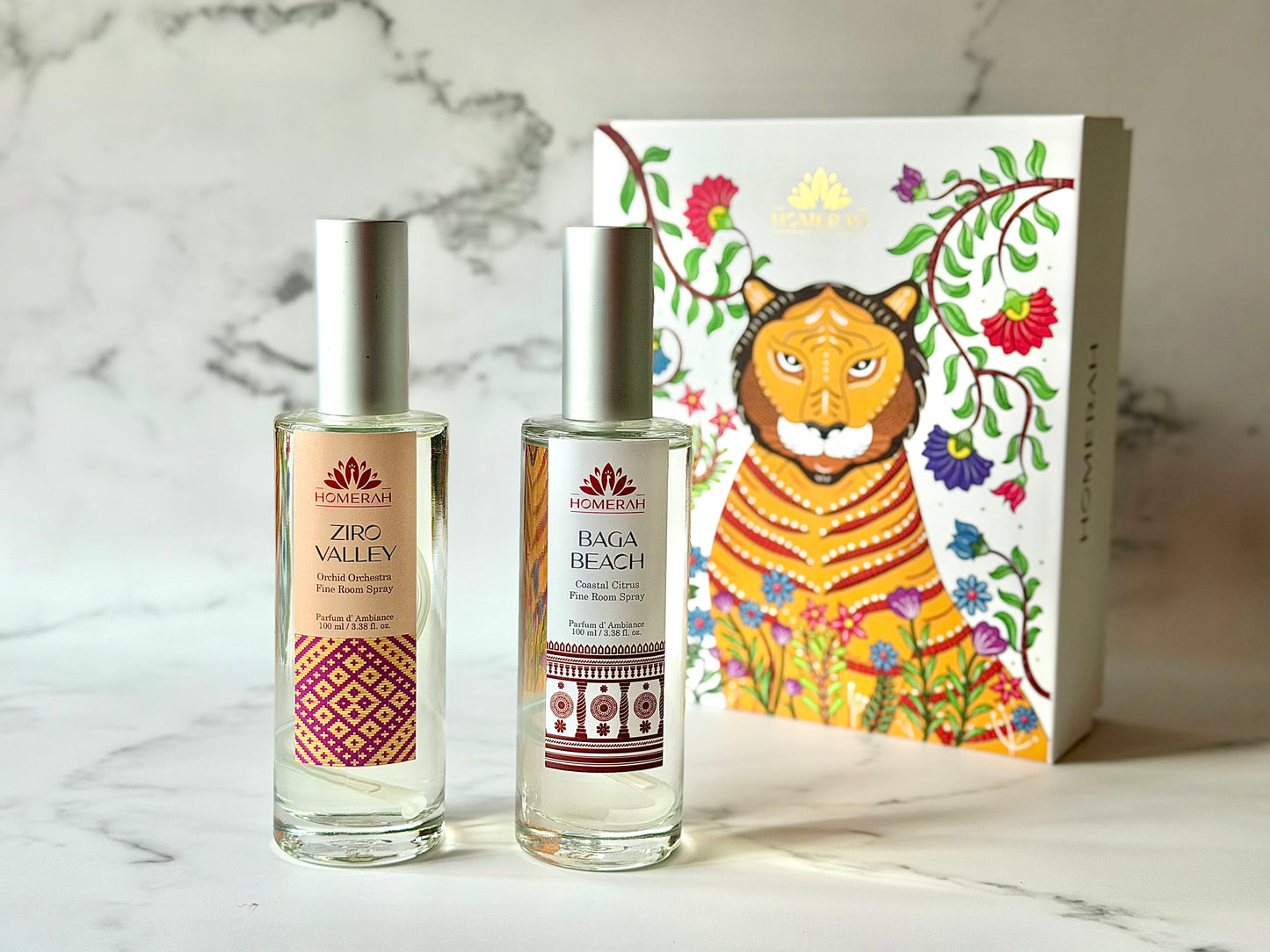 Homerah Weekend Getaway Collection In Gond Tiger Gift Box - Set of 2 Fine Room Parfums - BAGA BEACH (Coastal Citrus) x1, ZIRO VALLEY (Orchid Orchestra) x1