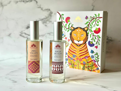 Homerah Weekend Getaway Collection In Gond Tiger Gift Box - Set of 2 Fine Room Parfums - BAGA BEACH (Coastal Citrus) x1, ZIRO VALLEY (Orchid Orchestra) x1