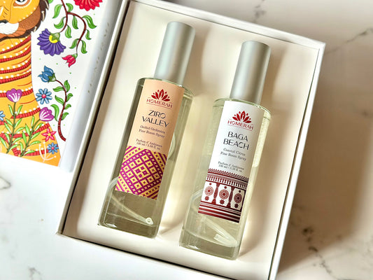 Homerah Weekend Getaway Collection In Gond Tiger Gift Box - Set of 2 Fine Room Parfums - BAGA BEACH (Coastal Citrus) x1, ZIRO VALLEY (Orchid Orchestra) x1