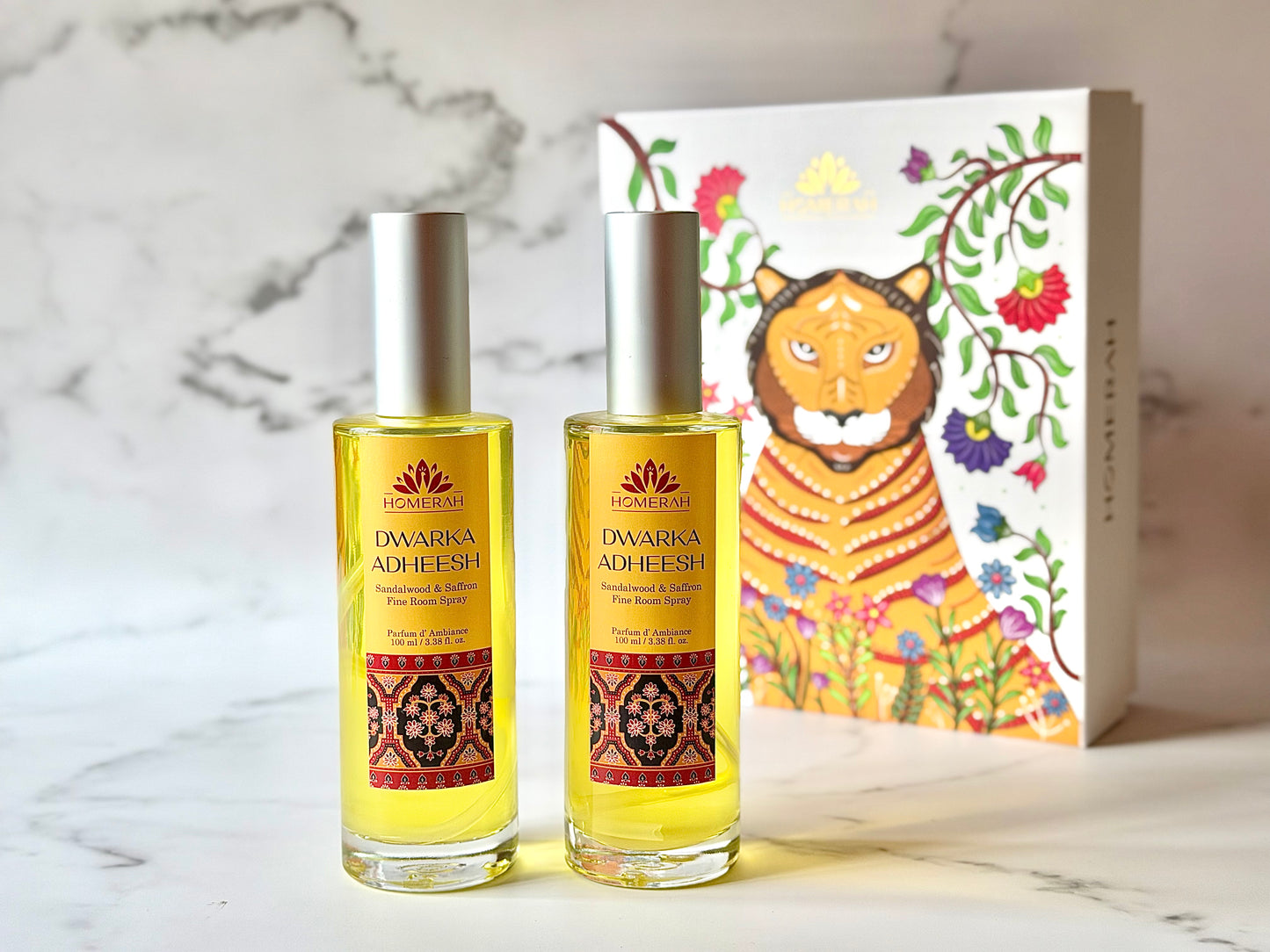 Homerah Divinity Collection In Gond Tiger Gift Box - Set of 2 Fine Room Parfums - DWARKA ADHEESH (Sandalwood & Saffron) x2