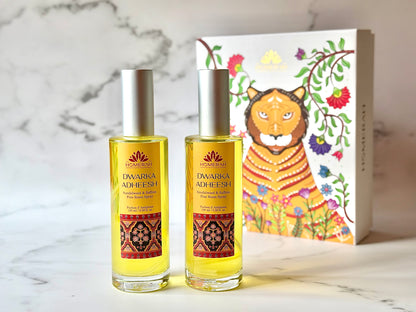 Homerah Divinity Collection In Gond Tiger Gift Box - Set of 2 Fine Room Parfums - DWARKA ADHEESH (Sandalwood & Saffron) x2