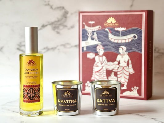 Homerah Divine Essence Collection In Kalamkari Sea Trade Gift Box - Set of 3 - DWARKA ADHEESH (Sandalwood & Saffron) Fine Room Parfum x1 with PAVITRA (Eucalyptus) x1 & SATTVA (Lemongrass) Scented Soy Wax Luxury Candles