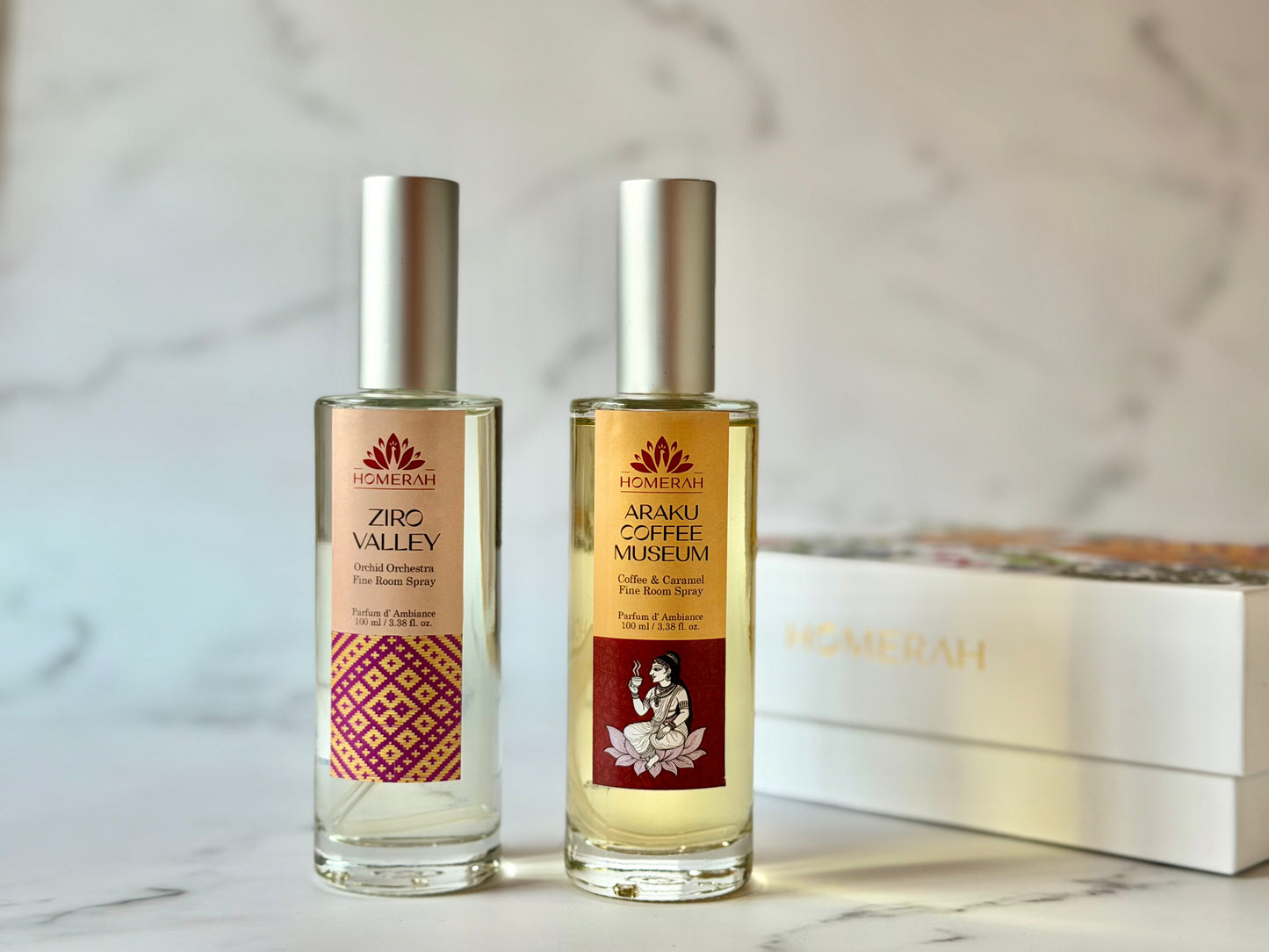 Homerah Valley Collection In Gond Tiger Gift Box - Set of 2 Fine Room Parfums - ZIRO VALLEY (Orchid Orchestra) x1, ARAKU COFFEE MUSEUM (Coffee & Caramel) x1