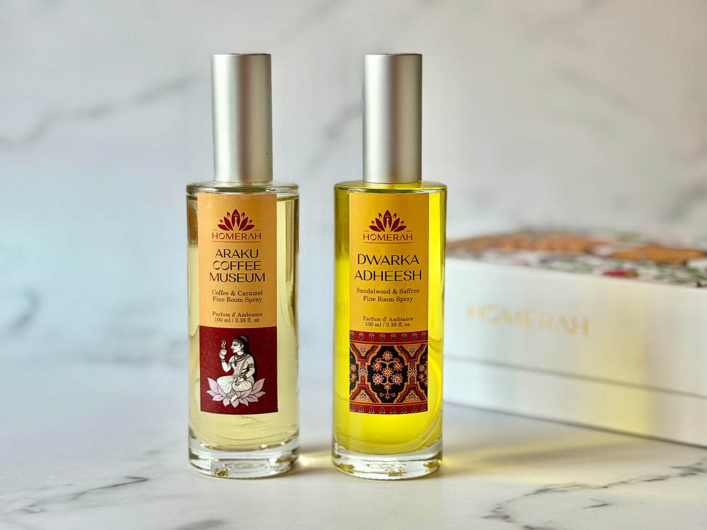 Homerah East & West Collection In Gond Tiger Gift Box - Set of 2 Fine Room Parfums - DWARKA ADHEESH (Sandalwood & Saffron) x1, ARAKU COFFEE MUSEUM (Coffee & Caramel) x1