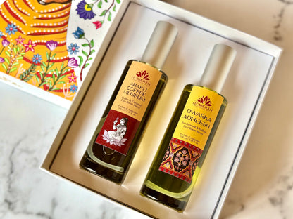 Homerah East & West Collection In Gond Tiger Gift Box - Set of 2 Fine Room Parfums - DWARKA ADHEESH (Sandalwood & Saffron) x1, ARAKU COFFEE MUSEUM (Coffee & Caramel) x1