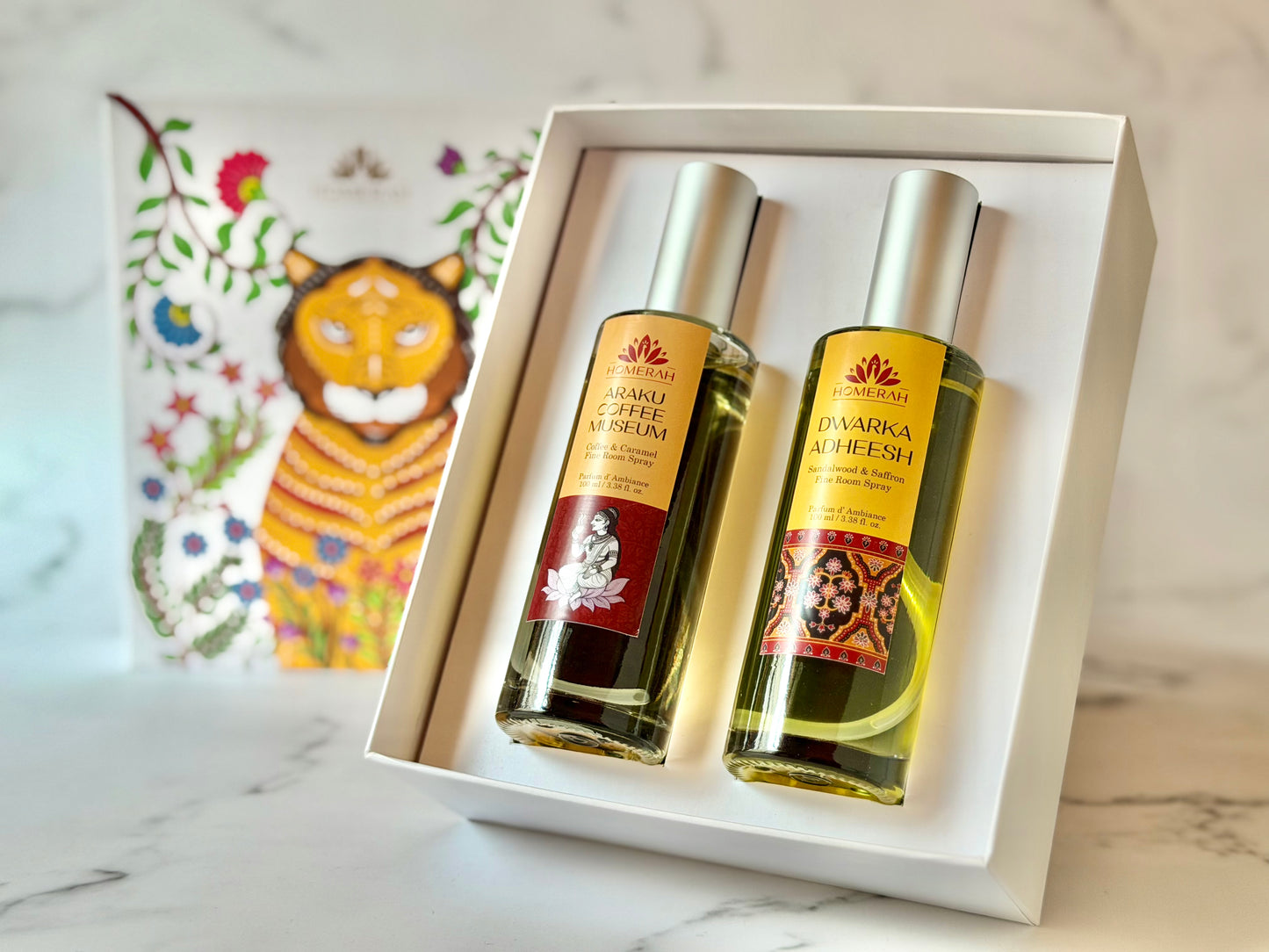 Homerah East & West Collection In Gond Tiger Gift Box - Set of 2 Fine Room Parfums - DWARKA ADHEESH (Sandalwood & Saffron) x1, ARAKU COFFEE MUSEUM (Coffee & Caramel) x1