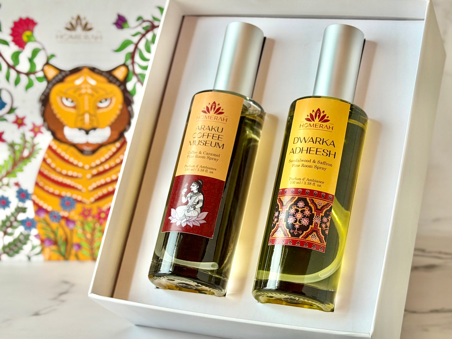 Homerah East & West Collection In Gond Tiger Gift Box - Set of 2 Fine Room Parfums - DWARKA ADHEESH (Sandalwood & Saffron) x1, ARAKU COFFEE MUSEUM (Coffee & Caramel) x1