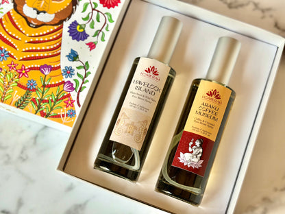 Homerah Beach & Hill Collection In Gond Tiger Gift Box - Set of 2 Fine Room Parfums - ARAKU COFFEE MUSEUM (Coffee & Caramel) x1, HAVELOCK ISLAND (White Sand & Wild Flora) x1