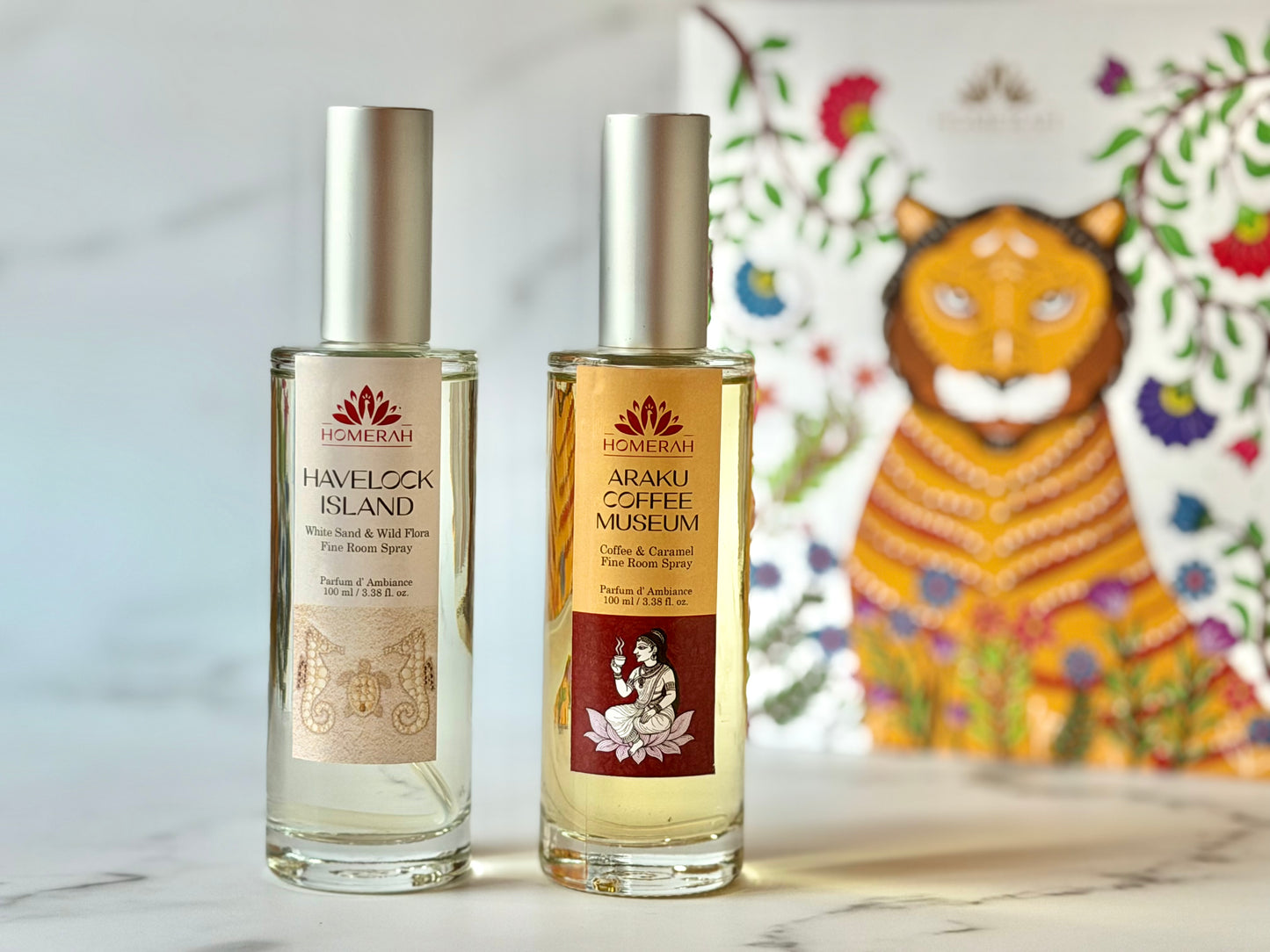 Homerah Beach & Hill Collection In Gond Tiger Gift Box - Set of 2 Fine Room Parfums - ARAKU COFFEE MUSEUM (Coffee & Caramel) x1, HAVELOCK ISLAND (White Sand & Wild Flora) x1
