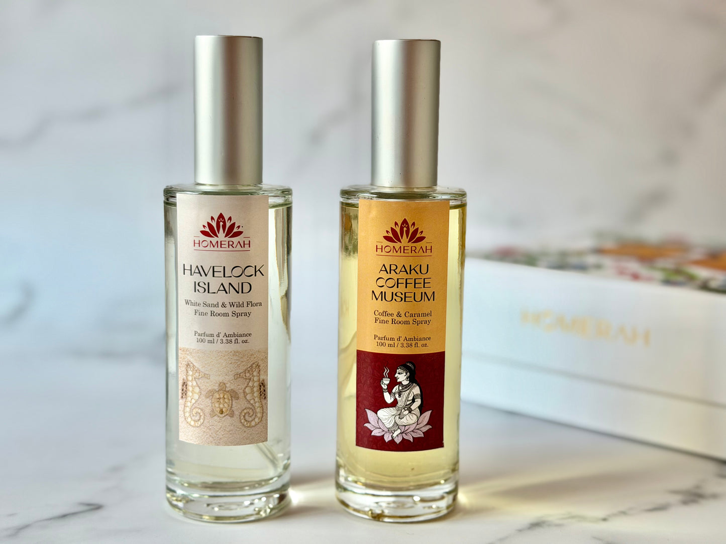 Homerah Beach & Hill Collection In Gond Tiger Gift Box - Set of 2 Fine Room Parfums - ARAKU COFFEE MUSEUM (Coffee & Caramel) x1, HAVELOCK ISLAND (White Sand & Wild Flora) x1