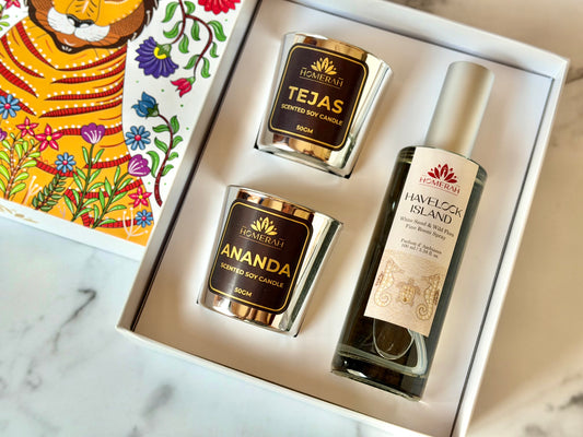 Homerah Coastal Essence in Gond Tiger Gift Box - Set of 3 - HAVELOCK ISLAND (White Sand & Wild Flora) Fine Room Parfum x1 with TEJAS (Spices of India) x1, ANANDA (Honey & Rose) Scented Soy Wax Luxury Candles