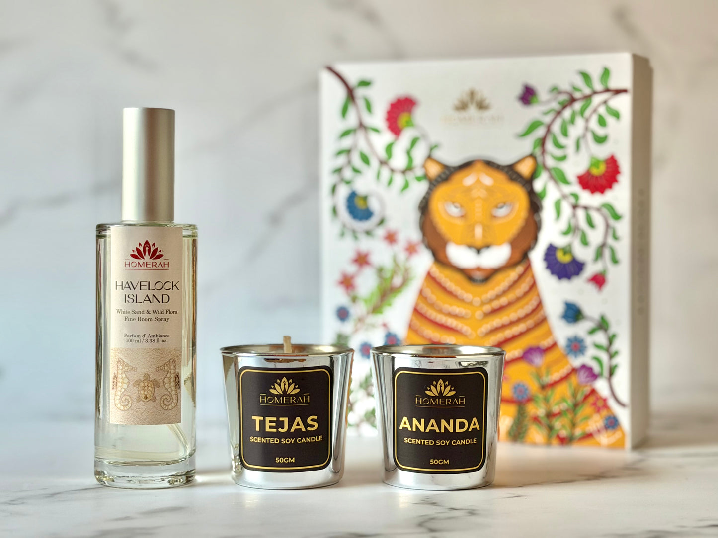 Homerah Coastal Essence in Gond Tiger Gift Box - Set of 3 - HAVELOCK ISLAND (White Sand & Wild Flora) Fine Room Parfum x1 with TEJAS (Spices of India) x1, ANANDA (Honey & Rose) Scented Soy Wax Luxury Candles