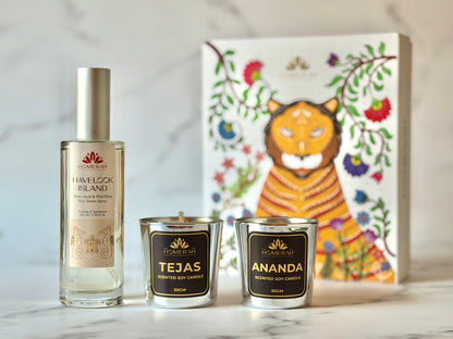 Homerah Coastal Essence in Gond Tiger Gift Box - Set of 3 - HAVELOCK ISLAND (White Sand & Wild Flora) Fine Room Parfum x1 with TEJAS (Spices of India) x1, ANANDA (Honey & Rose) Scented Soy Wax Luxury Candles