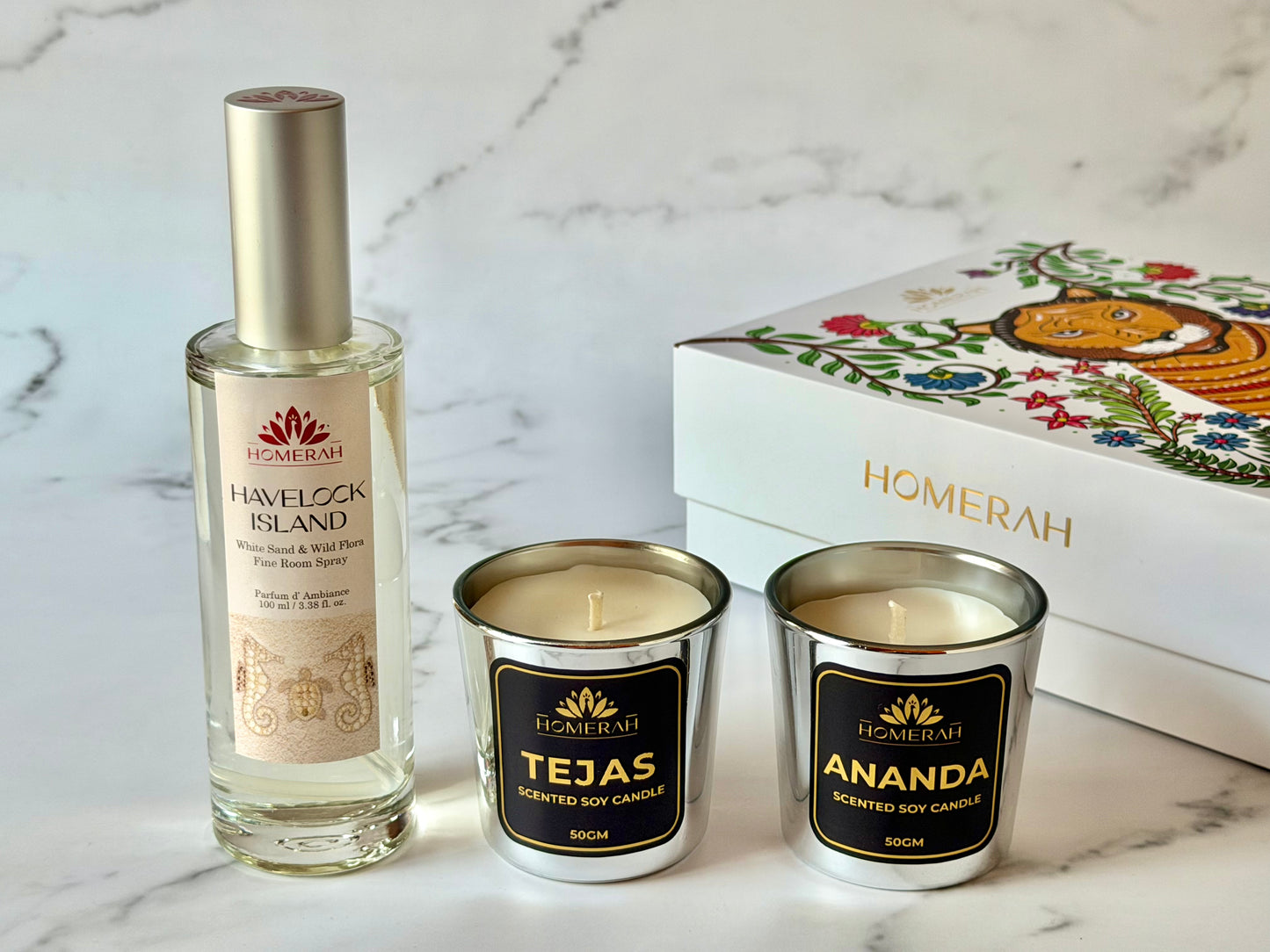 Homerah Coastal Essence in Gond Tiger Gift Box - Set of 3 - HAVELOCK ISLAND (White Sand & Wild Flora) Fine Room Parfum x1 with TEJAS (Spices of India) x1, ANANDA (Honey & Rose) Scented Soy Wax Luxury Candles