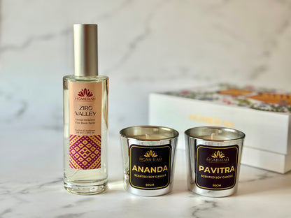 Homerah Hill Song Collection in Gond Tiger Gift Box - Set of 3 - ZIRO VALLEY (Orchid Orchestra) Fine Room Parfum x1 with ANANDA (Honey & Rose) x1, PAVITRA (Eucalyptus) Scented Soy Wax Luxury Candles