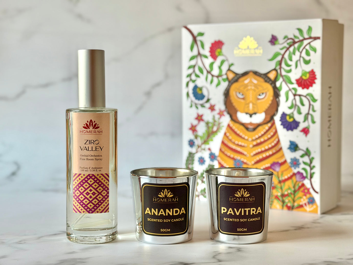 Homerah Hill Song Collection in Gond Tiger Gift Box - Set of 3 - ZIRO VALLEY (Orchid Orchestra) Fine Room Parfum x1 with ANANDA (Honey & Rose) x1, PAVITRA (Eucalyptus) Scented Soy Wax Luxury Candles