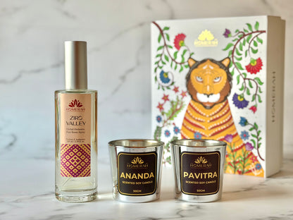 Homerah Hill Song Collection in Gond Tiger Gift Box - Set of 3 - ZIRO VALLEY (Orchid Orchestra) Fine Room Parfum x1 with ANANDA (Honey & Rose) x1, PAVITRA (Eucalyptus) Scented Soy Wax Luxury Candles