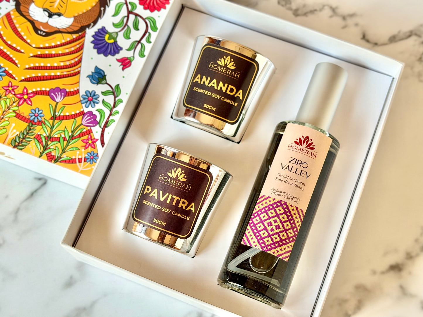 Homerah Hill Song Collection in Gond Tiger Gift Box - Set of 3 - ZIRO VALLEY (Orchid Orchestra) Fine Room Parfum x1 with ANANDA (Honey & Rose) x1, PAVITRA (Eucalyptus) Scented Soy Wax Luxury Candles