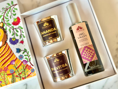 Homerah Hill Song Collection in Gond Tiger Gift Box - Set of 3 - ZIRO VALLEY (Orchid Orchestra) Fine Room Parfum x1 with ANANDA (Honey & Rose) x1, PAVITRA (Eucalyptus) Scented Soy Wax Luxury Candles