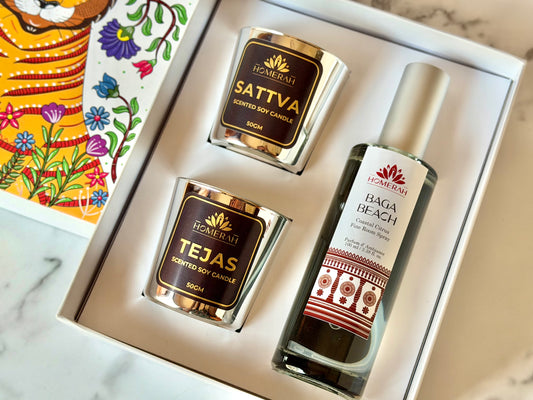 Homerah Lights & Shores Collection In Gond Tiger Gift Box - Set of 3 - BAGA BEACH (Coastal Citrus) Fine Room Parfum x1 with SATTVA (Lemongrass) x1 TEJAS (Spices of India) Scented Soy Wax Luxury Candles