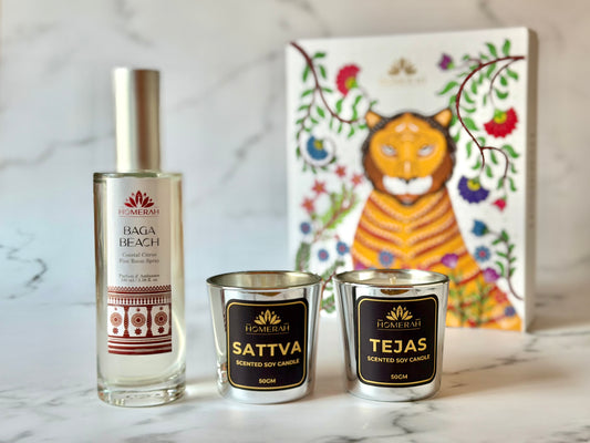 Homerah Lights & Shores Collection In Gond Tiger Gift Box - Set of 3 - BAGA BEACH (Coastal Citrus) Fine Room Parfum x1 with SATTVA (Lemongrass) x1 TEJAS (Spices of India) Scented Soy Wax Luxury Candles