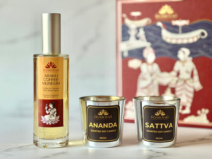 Homerah Joyous Collection In Kalamkari Sea Trade Gift Box - Set of 3 - ARAKU COFFEE MUSEUM (Coffee & Caramel) Fine Room Parfum x1 with SATTVA (Lemongrass) x1 & ANANDA (Honey & Rose) Scented Soy Wax Luxury Candles