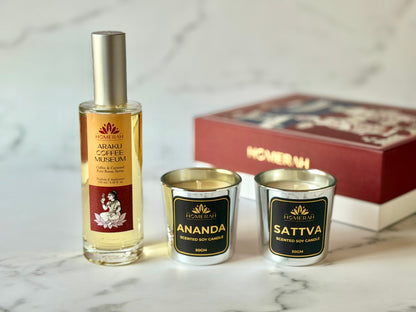 Homerah Joyous Collection In Kalamkari Sea Trade Gift Box - Set of 3 - ARAKU COFFEE MUSEUM (Coffee & Caramel) Fine Room Parfum x1 with SATTVA (Lemongrass) x1 & ANANDA (Honey & Rose) Scented Soy Wax Luxury Candles