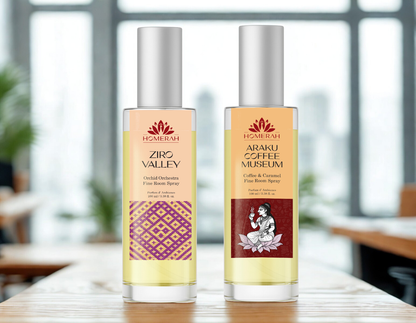 Homerah Valley Collection In Gond Tiger Gift Box - Set of 2 Fine Room Parfums - ZIRO VALLEY (Orchid Orchestra) x1, ARAKU COFFEE MUSEUM (Coffee & Caramel) x1