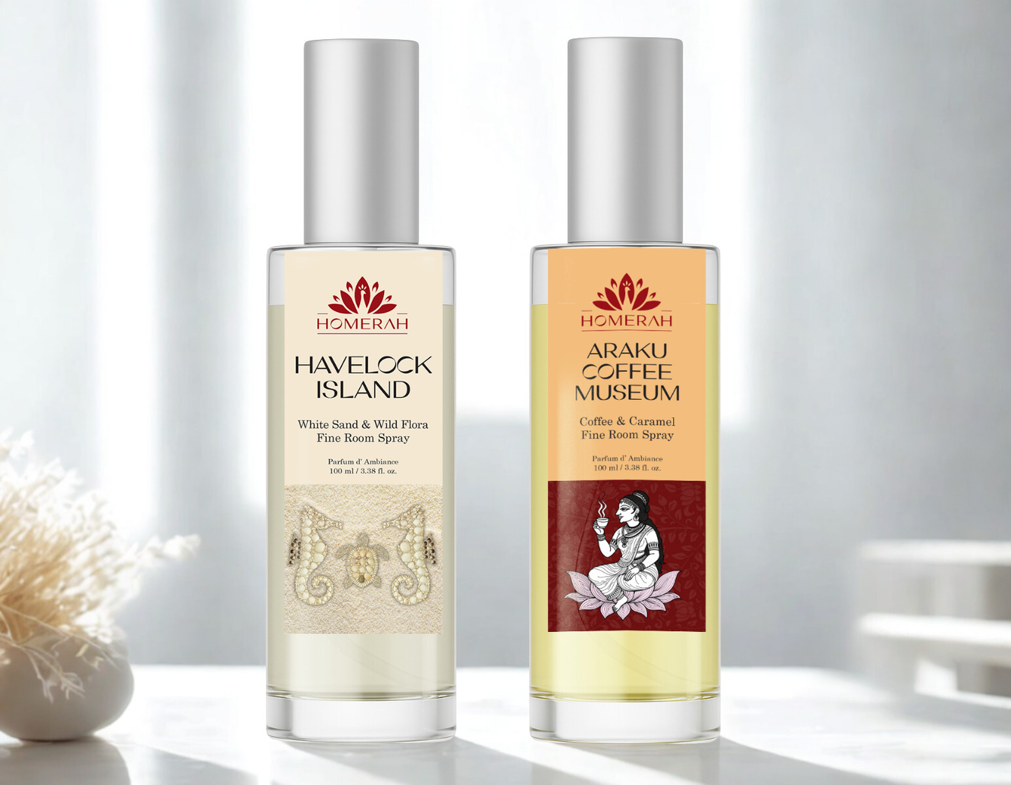 Homerah Beach & Hill Collection In Gond Tiger Gift Box - Set of 2 Fine Room Parfums - ARAKU COFFEE MUSEUM (Coffee & Caramel) x1, HAVELOCK ISLAND (White Sand & Wild Flora) x1