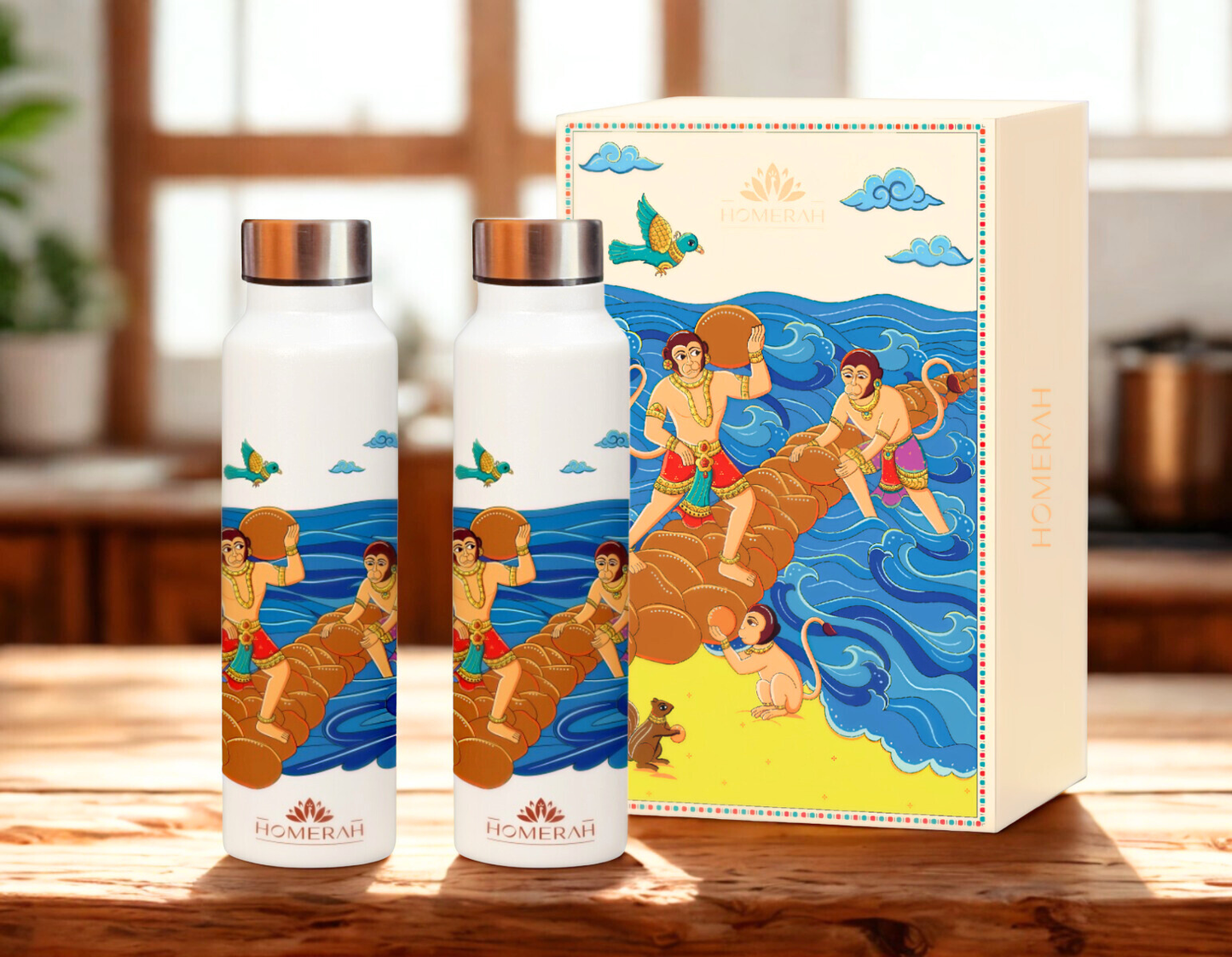 Homerah Epic Collection in Tanjore Ram Setu Gift Box - Set of 2 - Designer Stainless Steel Bottles x2
