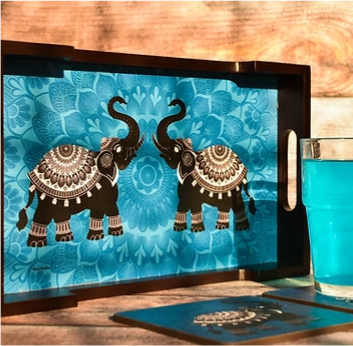 Teal Royal Elephant Mandala Wooden Serving Tray and Table Coasters ( Set of 2 )