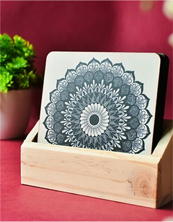 Mandala Handmade Paper Texture Wooden Table Coaster ( Set of 4 ) pinewood stand